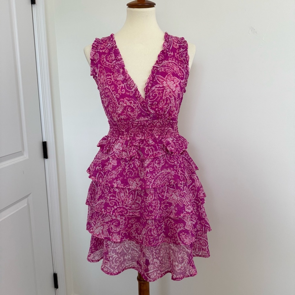 Fate Women’s Paisley Print V-Neck Chic Pink Ruffle Dress Sz Small Whimsical‎